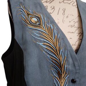 Bob Mackie | Faux Suede Blue Black Embroidered Feather Vest | Size L